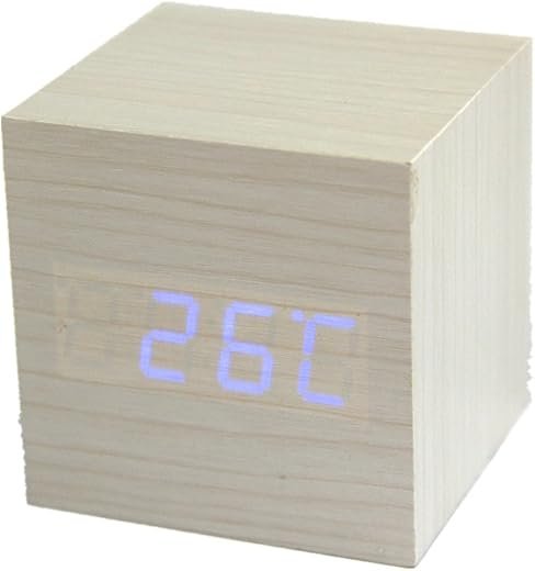RayLineDo® Fashion White Wood Cube Mini Blue LED Wooden Digital Alarm Clock -Time Temperature Date Display - Voice and Touch Activated