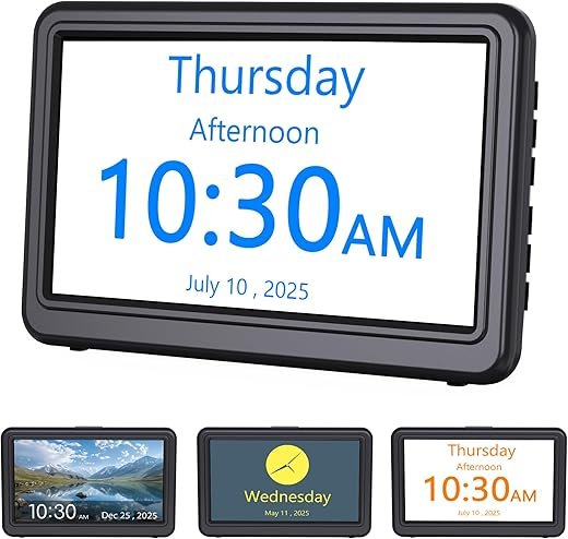 Raynic Date Clock, Digital Calendar Clock with 12 Themes, 20 Alarms, 20 Reminders, Semi-Automatic Dimming, 12/24 Hours, Auto DST for Desktop, Office, Students (Black, 7 Inches)
