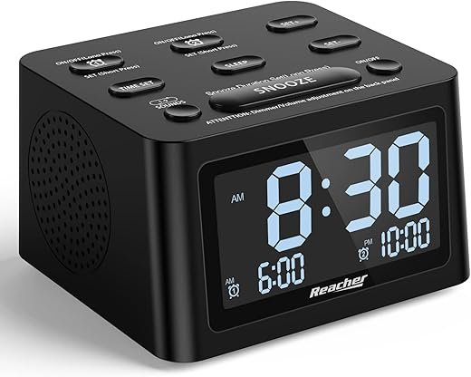 REACHER Dual Alarm Clock & Sleep Sound Machine, USB Charger, 12 Soothing Sounds, 6 Wake Up Sounds, Auto-Off Timer, 0-100% Dimmer - Ideal for Bedroom, Bedside