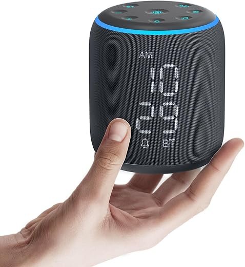 REACHER Small Sound Machine Alarm Clock, Portable Travel White Noise Machine with 20 Soothing Sounds, Alarm Clock for Kids, Teens, Night Lights, Bluetooth Dimmable Clock for Bedside, Bedroom, Adults
