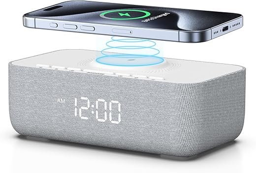 REACHER Sound Machine Alarm Clock, Wireless Charger for iPhone/Phone, 0-100% Dimmable, 15W Fast Wireless Charging Station, Digital Clock, White Noise Machine for Bedroom, Bedside, Office