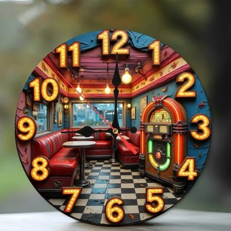 Retro Diner Jukebox Clock Wall Art Decor 10-Inch Silent Wooden Wall Clock, Battery Operated (AA Batteries Not Included), Artistic Home Decor