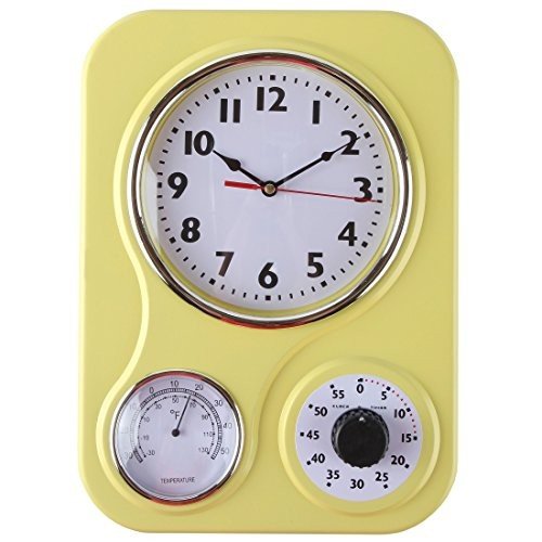 Retro Kitchen Wall Clock with Timer and Thermometer Easy Mount Battery Powered