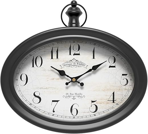 Retro Oval Wall Clock. Black Vintage Antique Style. Battery Operated Silent Wall Clocks for Farmhouse, Living Room,Kitchen,Bedroom,Bathroom (10.5 H x 11.3 W)