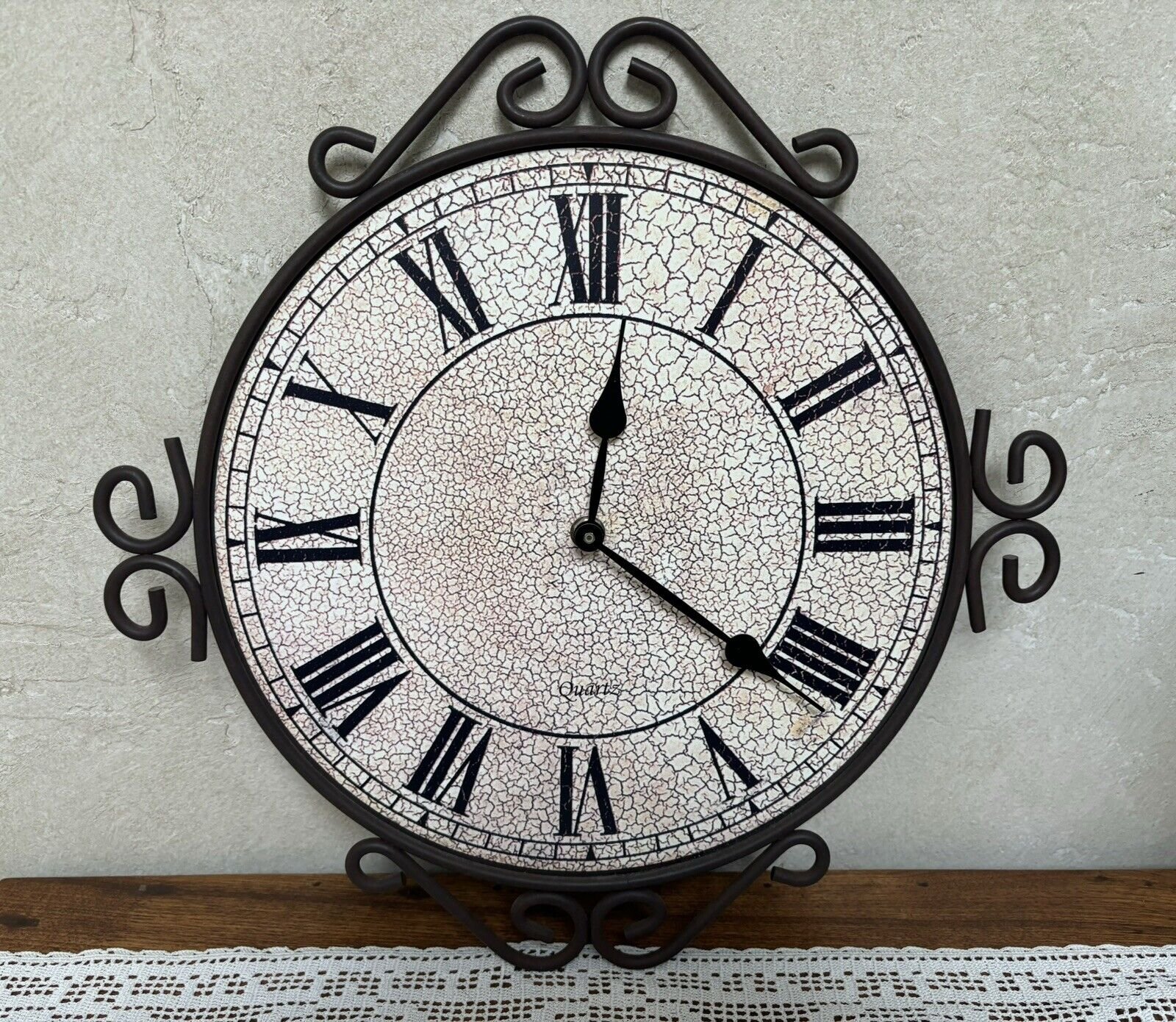 Retro Wall Clock 15” Brown Scroll Metal Frame Roman Numerals Antiqued Surface