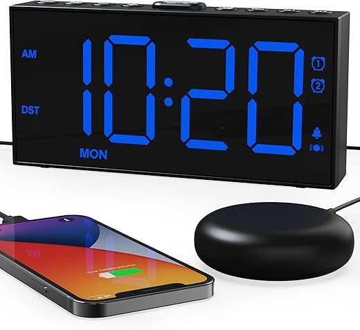 ROCAM Vibrating Alarm Clock for Heavy Sleepers, Loud Dual Alarm Clock with Bed Shaker Under Pillow for Hard of Hearing, Teens, Digital Clock for Bedroom with Weekday, Dimmer, USB Charging Port, Snooze