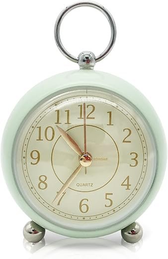 Rohome Vintage Small Alarm Clock with Night Light, Green, Silent Quartz Movement, Non-Ticking, Decorative, for Bedside Table, Desk, Kitchen, Bedroom, Shelf, Nightstand (Green)