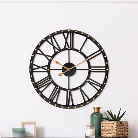 Roman numeral wall clock with modern minimalist style black metal frame and gold rivet decoration
