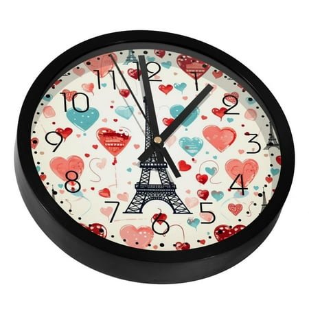Romantic Eiffel Tower Red Heart Silent Wall Clock, Non Ticking Battery Operated 9.8 Inch Wall Clocks for Bedroom Kitchen Home Office School Art Decor