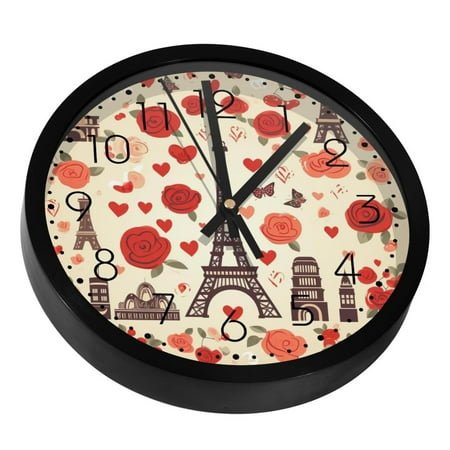 Romantic Eiffel Tower Red Heart Silent Wall Clock, Non Ticking Battery Operated 9.8 Inch Wall Clocks for Bedroom Kitchen Home Office School Art Decor