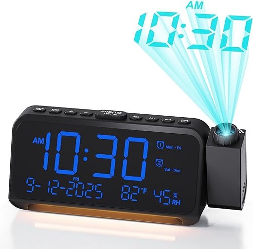 Roxicosly Projection Alarm Clock for Bedroom Ceiling, 118 dB Super Loud for Heavy Sleepers, 6.7 Large Digital Dimmable Display with Day Date Indoor Temp Humidity, Dual Alarms Adjustable Volume