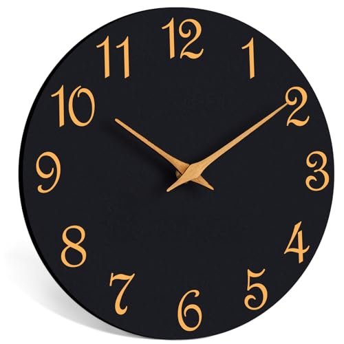 Roymnie Wall Clock, 10 Inch Modern Wall Clocks Battery Operated, Silent Non Ticking Clock Decorative for Kitchen, Living Room, Bathroom, Office, Bedroom(Black Gold)