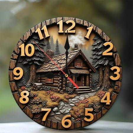 Rustic Cabin Log Wall Clock Home Decor 10-Inch Silent Wooden Wall Clock, Battery Operated (AA Batteries Not Included), Artistic Home Decor