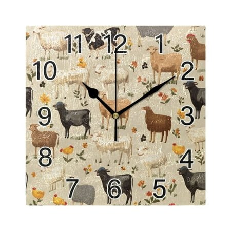 Ryvnso Farm Animals Sheeps Wall Clock Square Silent Non-Ticking Battery Operated 7.78