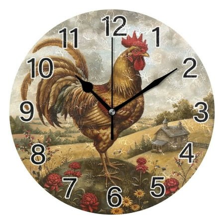 Ryvnso Farmhouse Rooster Flowers Wall Clock Non Ticking Silent Kitchen Clock Battery Operated Clocks 10 inch