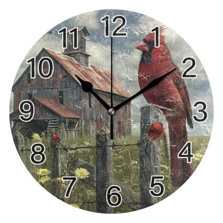 Ryvnso Red Bird Farm House Wall Clock Non Ticking Silent Kitchen Clock Battery Operated Clocks 10 inch
