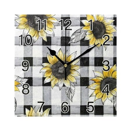 Ryvnso Sunflowers on Checkered Grid Wall Clock Square Silent Non-Ticking Battery Operated 7.78