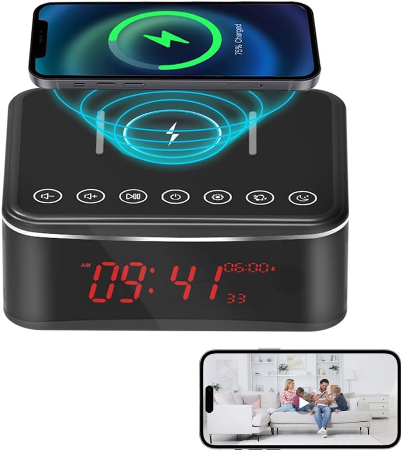 Security Camera Motion Activated/Stronger Night Vision/160°View Angle/4K,Indoor WiFi Camera with Bluetooth Speaker,Alarm Clock,Wireless/Wire Charger(2.4/5Ghz)