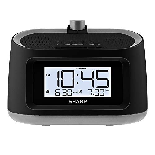 SHARP LCD and Projection Alarm Clock with 8 Soothing Nature Sleep Sounds – Project onto Wall or Ceiling, Black with Gunmetal Trim
