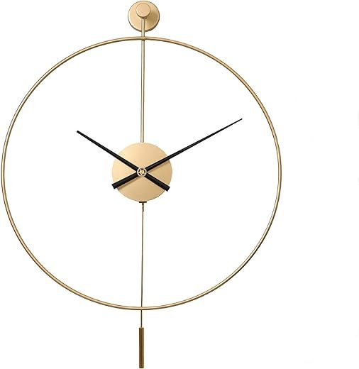 SHISEDECO Classical Large Modern Round Minimalist Wall Clock with Swing Pendulum, Non-Ticking Silent Metal Decorative Creative Art Clocks for Home, Living Room, Bedroom, Study, Office (24, Gold)