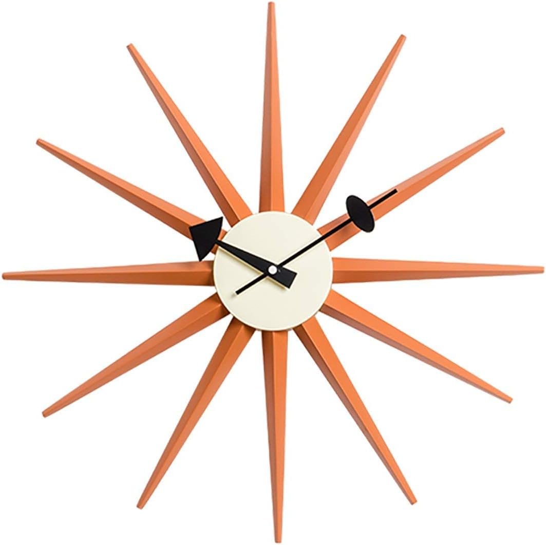 SHISEDECO Modern Sunburst Clock in Orange Color, Non Ticking Wooden Mid Century Retro Design Decorative Silent Wall Quartz Clocks for Home, Kitchen, Living Room, Office and Bedroom etc.