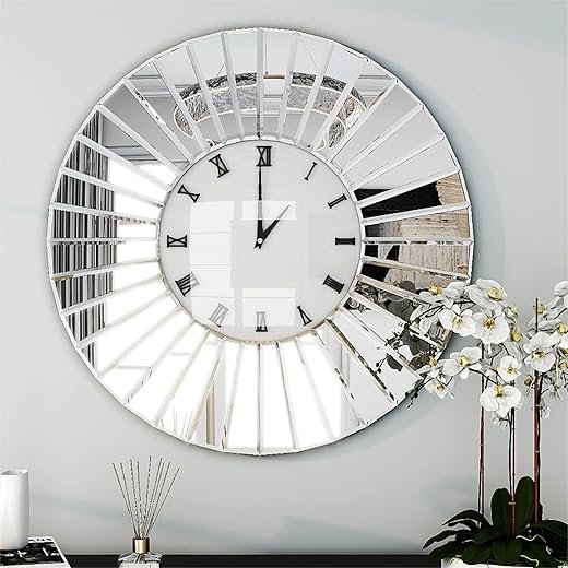 SHYFOY Mirrored Wall Clocks, Decorative Large Clock for Wall Decor, Oversize Glass Wall Clock for Living Room, Big Silver Clock Modern Luxury Home Decor, 32 Inches