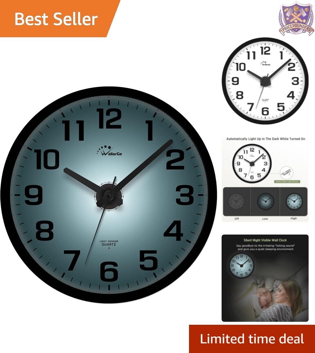 Silent Modern Wall Clock with Adjustable Brightness - Easy Read Digital 12 Inch