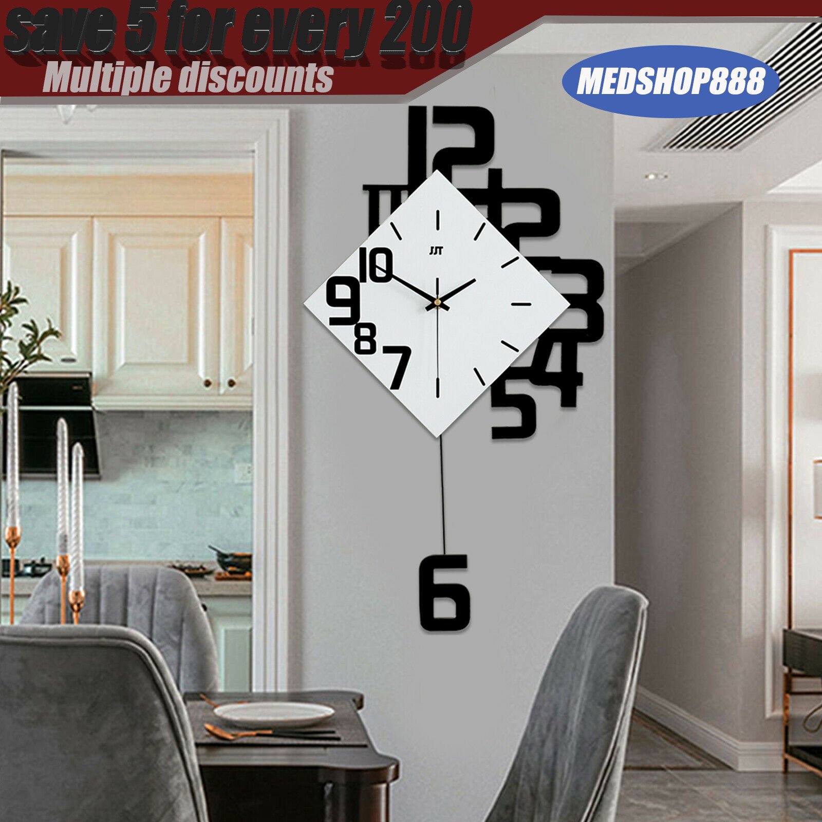 Silent Pendulum Clock Living Room Big Swing Wall Clocks Modern Nordic Fashion US