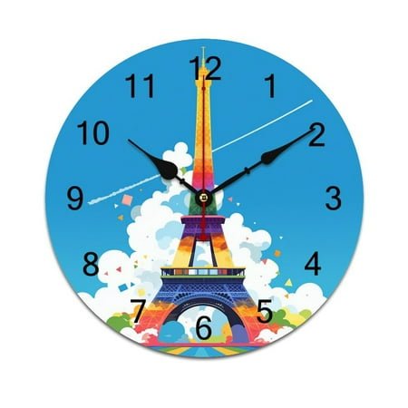 Silent Wall Clock 34cm/13.39in Round Wall Clock Paris Pride Eiffel Tower Hanging Clock for Home Living Room Bedroom Kitchen Non Ticking Battery Operated Living Room Mute Clock