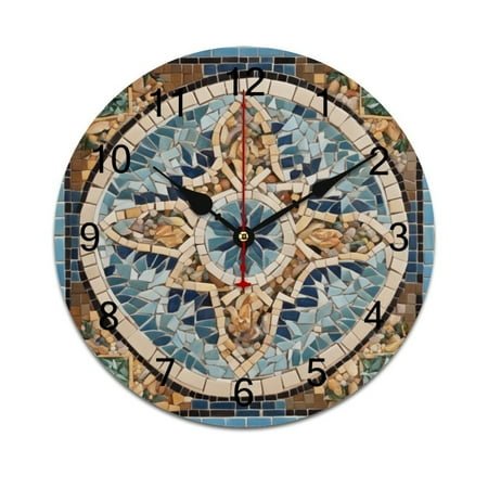 Silent Wall Clock 40cm/15.75in Round Wall Clock Mediterranean Style Mosaic Around Hanging Clock for Home Living Room Bedroom Kitchen Non Ticking Battery Operated Living Room Mute Clock