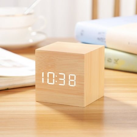 Simple and Creative LED Clock - Mini Square Temperature Date Carousel Bedside Wall Clock Wooden Wooden Alarm Clock