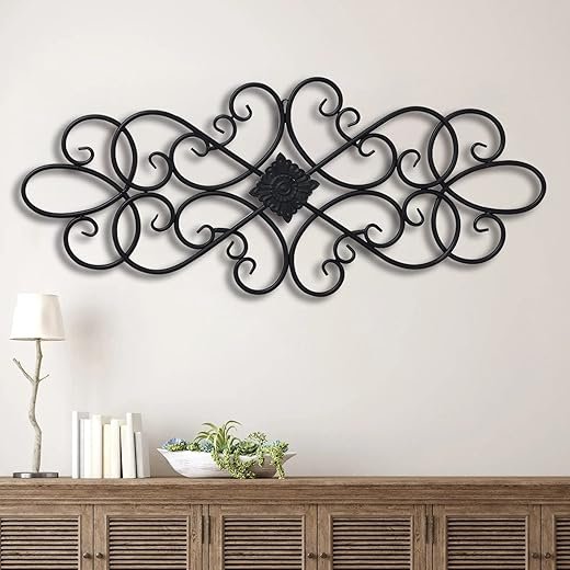 Sintosin Black Wrought Iron Wall Decor 32" x 13", Hanging Flower Scroll Metal Wall Art Decor, Living Room Wall Decor, Vintage House Decorations for Indoor Outdoor Fireplace Bedroom