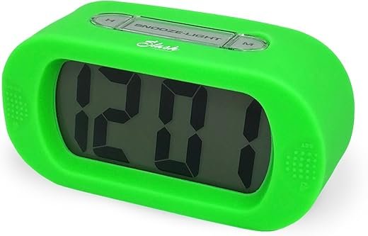 Slash Easy Setting Easy Read Silicone Protective Cover Digital Silent LCD Large Screen Bold Numbers Bedside Desk Alarm Clock with Snooze, Night Light Function, Battery Powered (Green) S10109