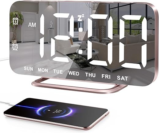 Slim LED Digital Alarm Clock, Mirror Surface for Makeup, with Diming, Large Display, Easy Setting, USB Ports, Modern Decor for Bedroom, Desk, Christmas, Birthday Idea Gift for Women, Sister, Mom, Pink