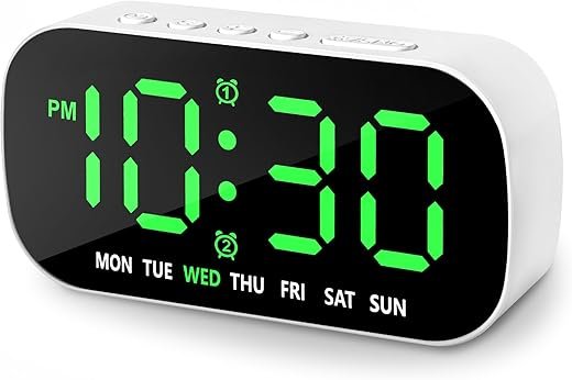 Small Digital Alarm Clocks for Bedrooms, 5 Levels Brightness Dual Alarm 12/24Hr and Snooze Simple Large Numbers Plug in Loud Desk Digital Clock for Heavy Sleepers Adults Teens (Green)