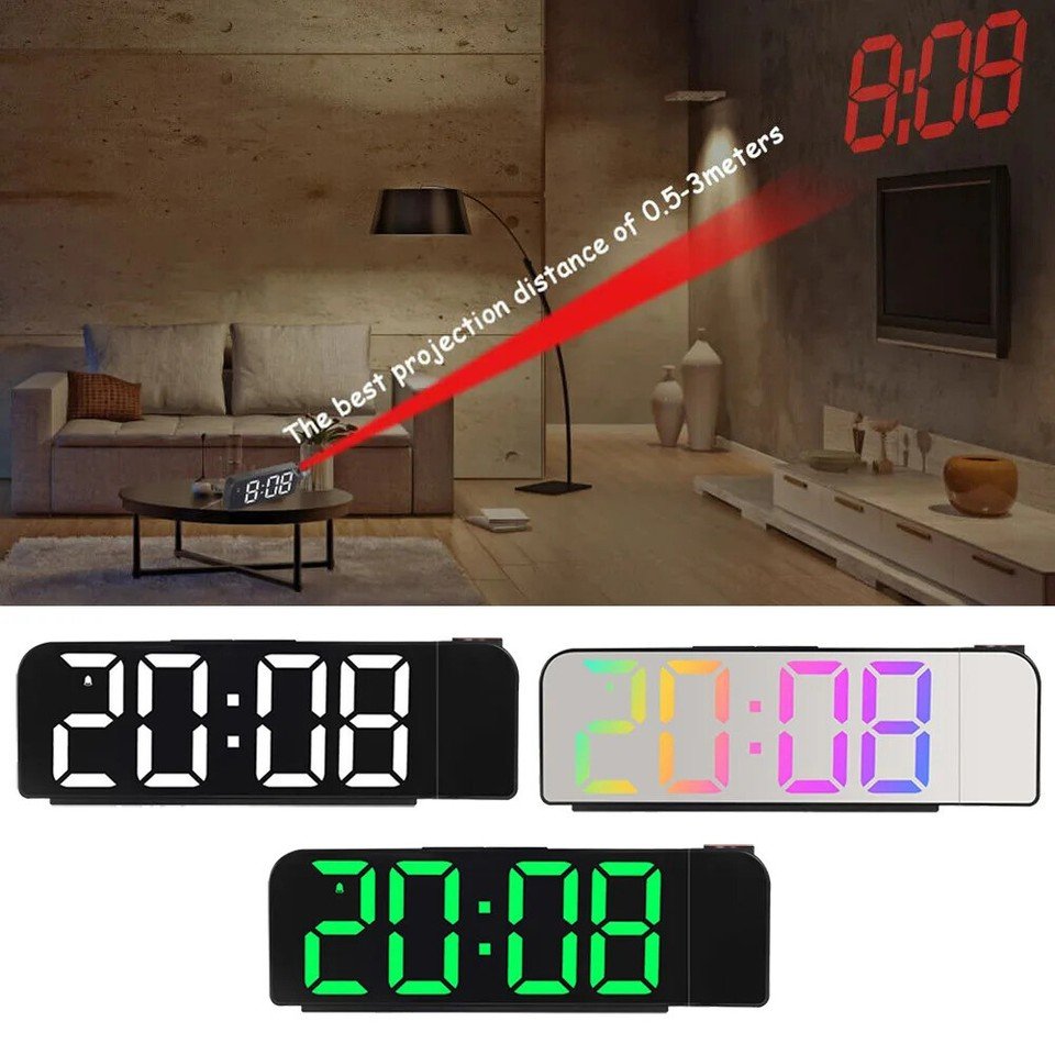 Smart Alarm Clock Snooze Time Large LED Wall Projector Thermometer Date 12/24Hr