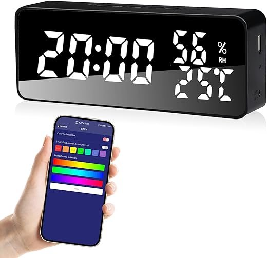 Smart Alarm Clock with Custom Voice Recording & Large Display – APP Control, 100+ Colors, Rechargeable Battery & USB Charging Port, Medication Reminder, Bedside Clock for Elderly & Home Decor