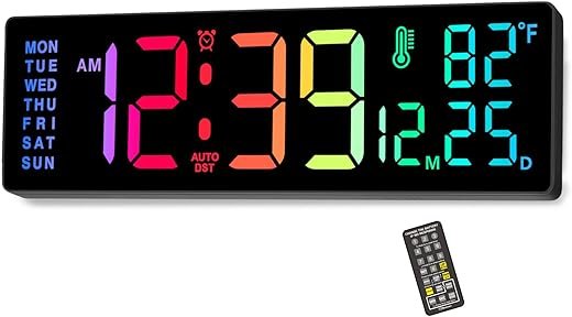Soobest 14.2" Large Display Digital Wall Clock with Date Day of Week Temp Timer, Electric 8-in-1 Color Changing Big LED Clock for Elderly Seniors, Auto DST, Remote Control for Living Room Home Gym