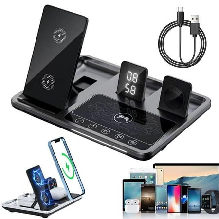 SOOPE 4 in 1 Alarm Clock Wireless Charger Stand, ZUREZE Station, 4 in 1 Wireless Charging Dock, 4 in 1 Wireless Charger with Alarm Clock, Wireless Charger Compatible with Iphone/Samsung/Android