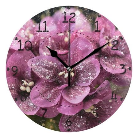 Sparkling Pink Orchids Round Wall Clock Silent Battery Operated Home Decor for Living Room Bedroom