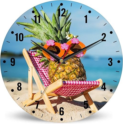 SPUNKER Tropical Pineapple Wall Clock, Summer Beach 10 Inch Silent Non-Ticking Battery Operated Clocks for Living Room, Kitchen, Bedroom, Bathroom, Laundry Room Decor