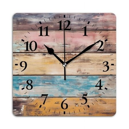Square Wall Clock,Colorful Wooden BackgSquare With Distressed Wood Planks,Silent Non-Ticking Wall Clock Decor for Home Office Kitchen Living Room Bedroom(12inch)