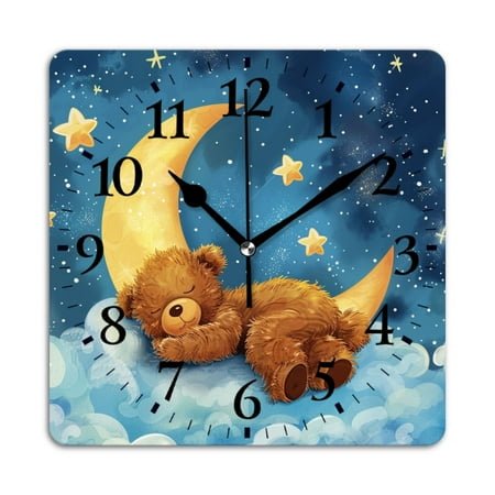 Square Wall Clock,Cute Teddy Bear Sleeping On The Crescent Moon,Silent Non-Ticking Wall Clock Decor for Home Office Kitchen Living Room Bedroom(10inch)