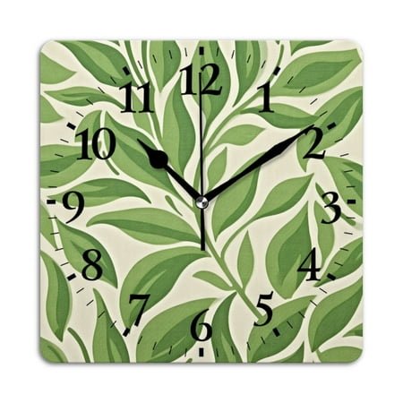 Square Wall Clock,Green Leaf Pattern On White,Silent Non-Ticking Wall Clock Decor for Home Office Kitchen Living Room Bedroom(10inch)