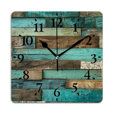 Square Wall Clock,Wall Of Rustic Wood With Weathered Distressed Teal And Brown Textures,Silent Non-Ticking Wall Clock Decor for Home Office Kitchen Living Room Bedroom(12inch)