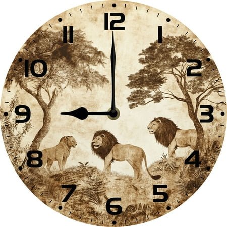SRongmao Cabin Lion Wall Clock Silent Non Ticking 10inch Round Wood Battery Operated Rustic Farmhouse Wooden Forest Wildlife Mountain Decor Art for Home Living Room Kitchen Bathroom