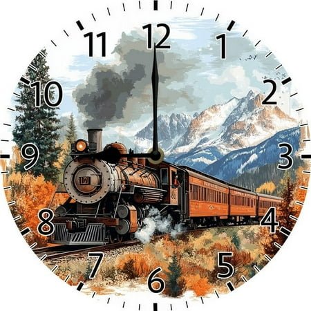 SRongmao Old Train Wall Clock Vintage Wooden Battery Operated Non Ticking 10 inch Clock Silent Art Rustic Wood Clock for Home Bedroom Kitchen Office
