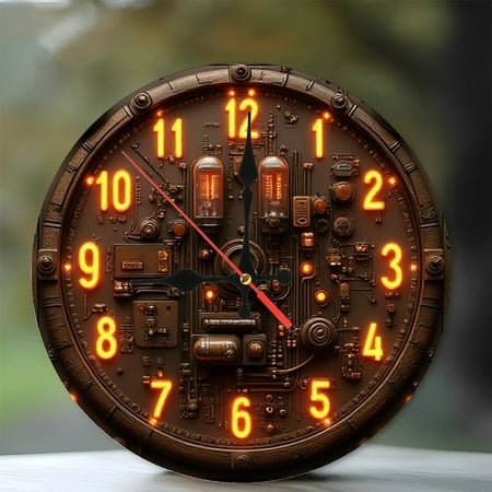 Steampunk Nixie Tube Clock Wall Decor 10-Inch Silent Wooden Wall Clock, Battery Operated (AA Batteries Not Included), Artistic Home Decor