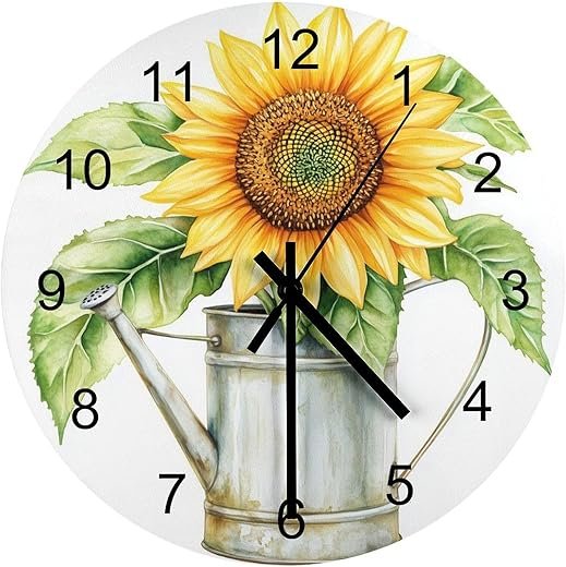 Sunflower in A Vintage Watering Can Round Wall Clock Modern Silent Non Ticking Wooden Clock 12 Inch