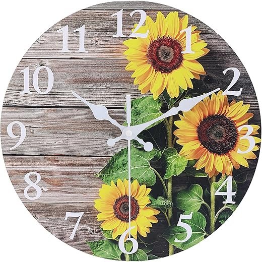 Sunflower Kitchen Decor Round Wall Clock 10 Inch Bathroom Decor Silent Non Ticking Wood Clock